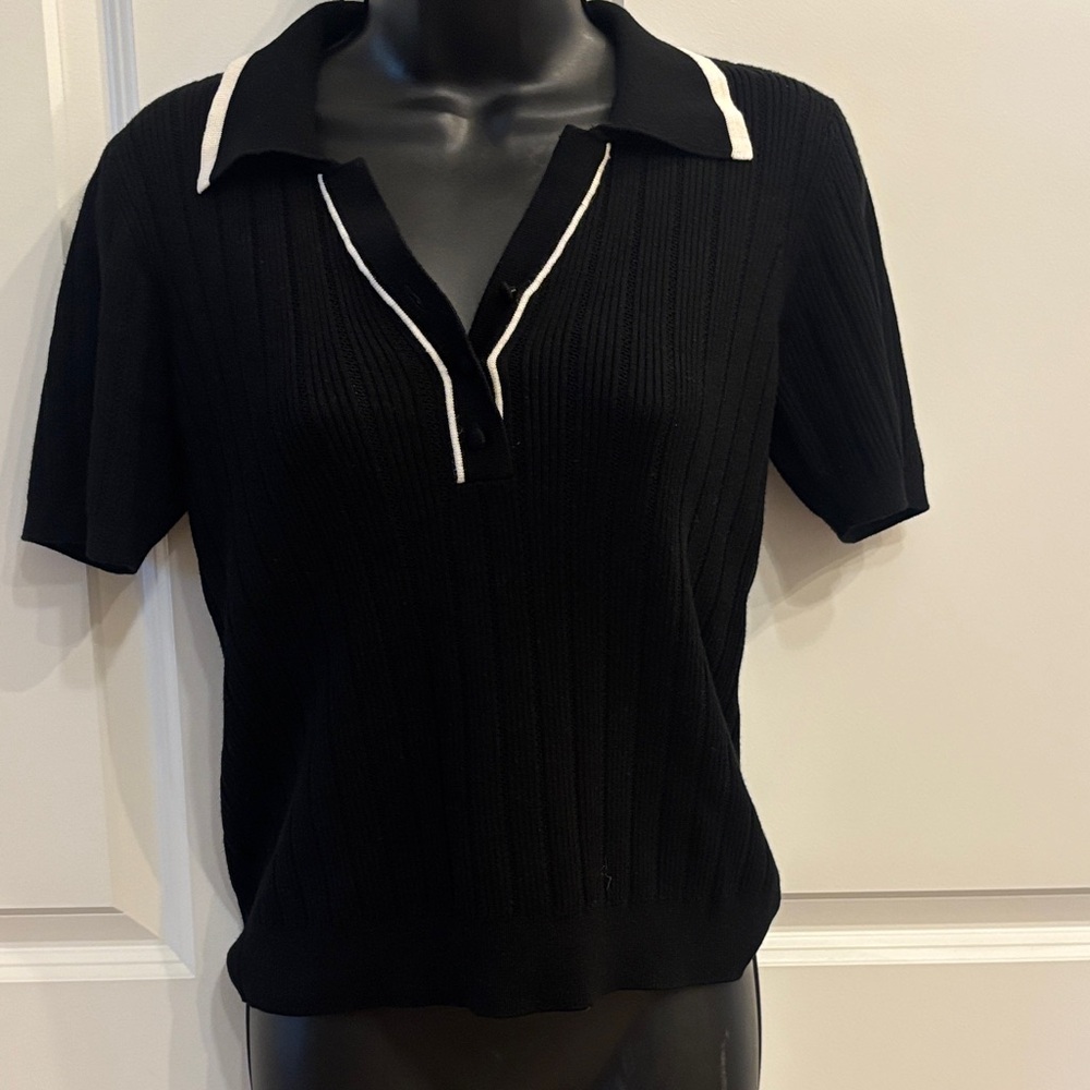 Adrianna Papell Black Ribbed Button Down Shirt